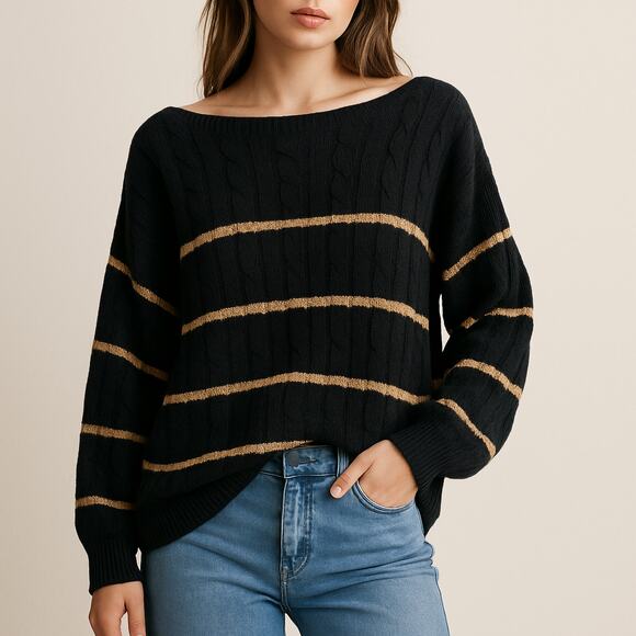 Lauren Ralph Lauren Metallic Stripe Cable Knit Sweater 2X Black Boatneck NWT - Picture 1 of 10